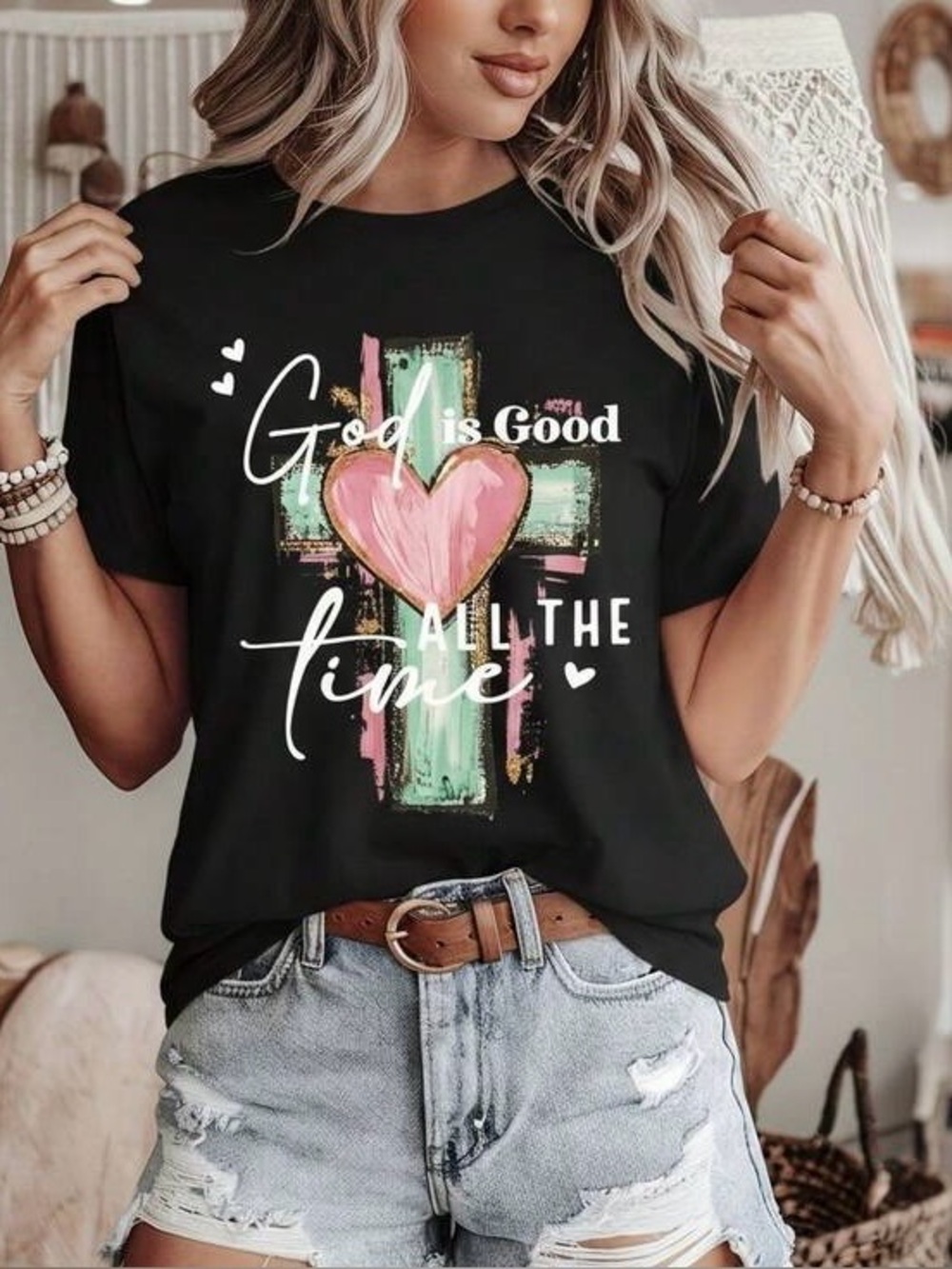 God Is Good All The Time Graphic Tee Black Christian Faith Cross Heart Shirt